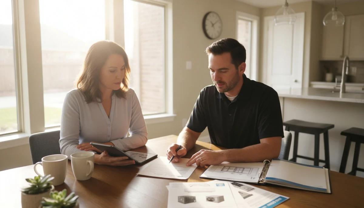 Houston homeowner reviewing AC installation estimate with HVAC consultant