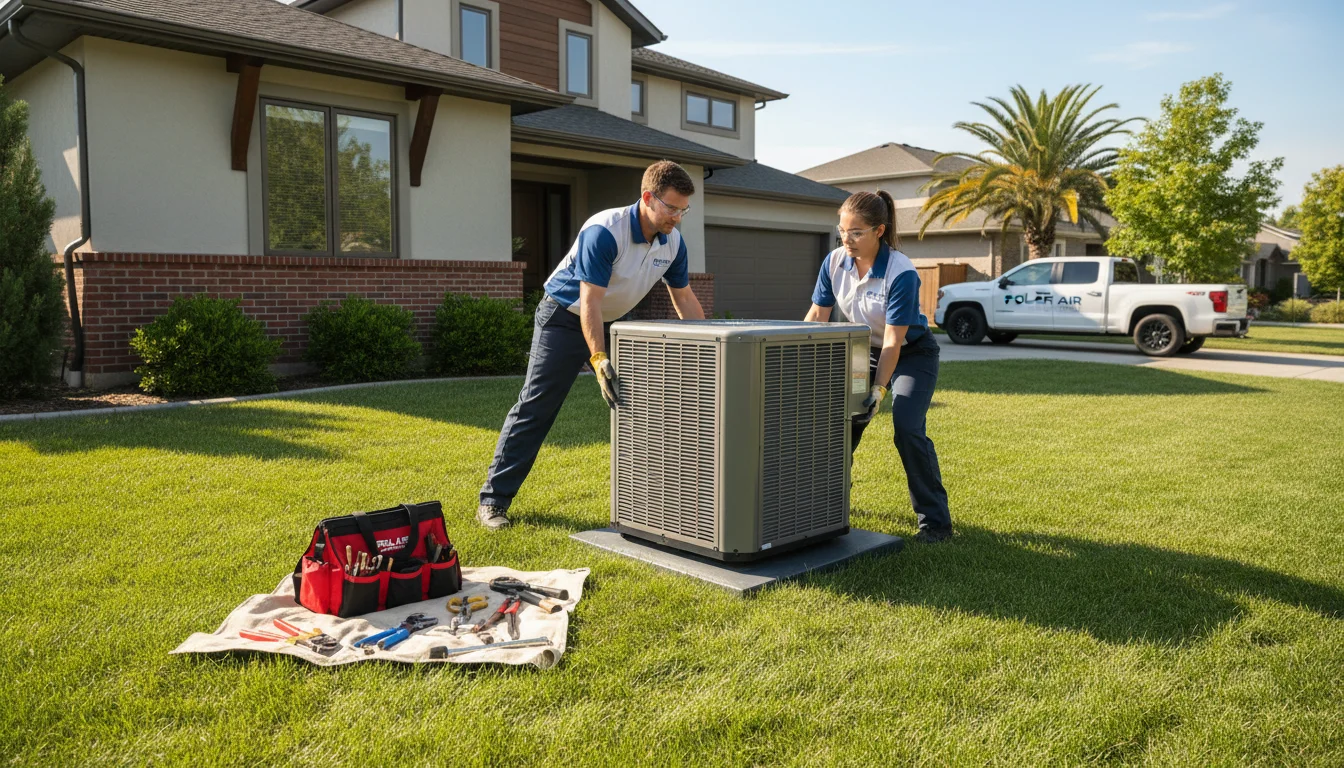 Professional AC installation team placing new condenser unit at Houston home