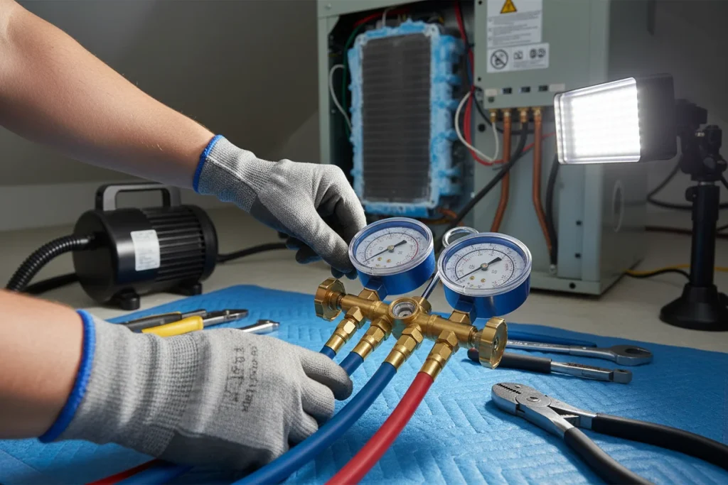 HVAC technician checking refrigerant levels during Houston AC installation