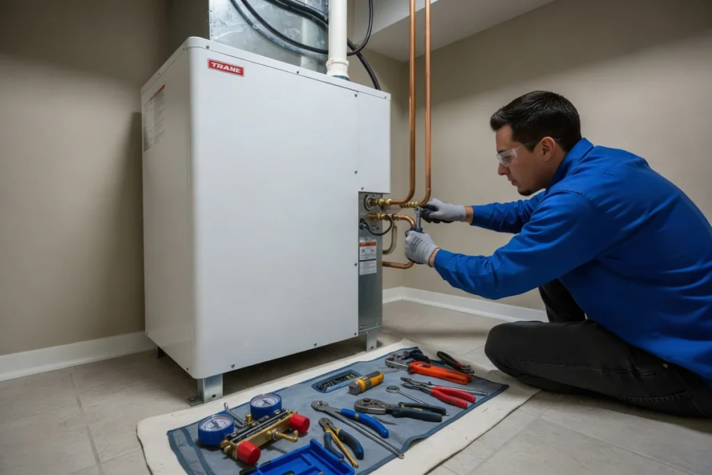 HVAC technician connecting refrigerant lines during a Houston AC installation