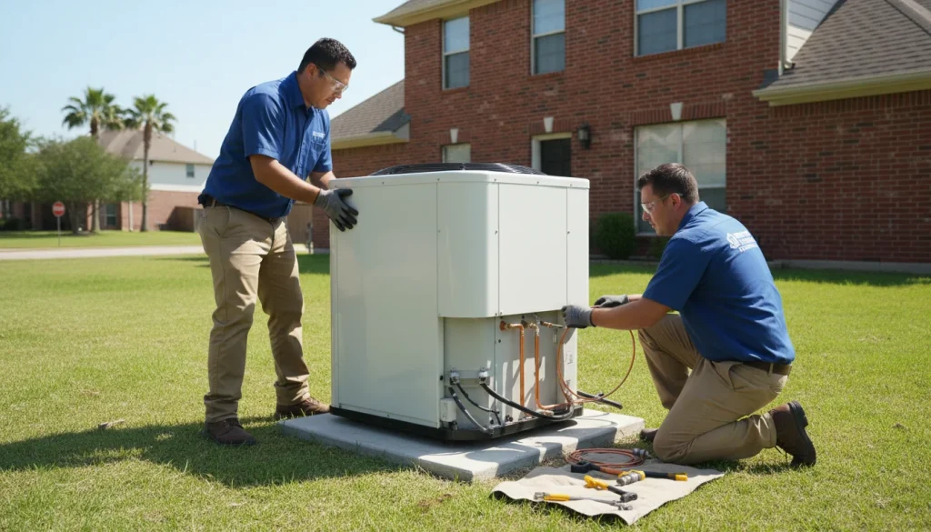 Professional HVAC team installing a new AC condenser unit at a Houston area home