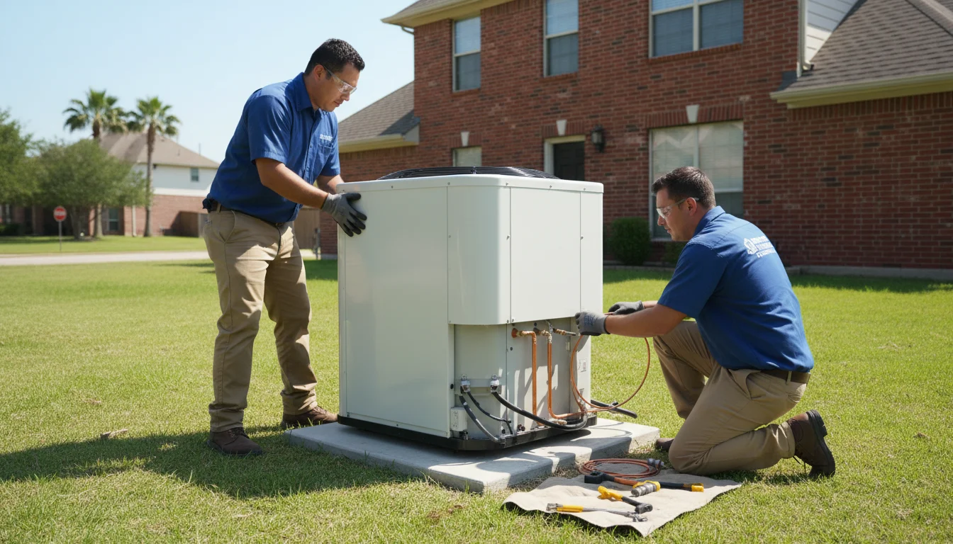 Professional HVAC team installing a new AC condenser unit at a Houston area home