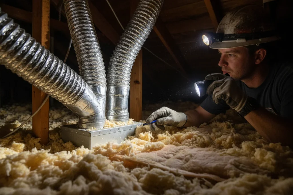 Technician inspecting attic insulation and ductwork during AC sizing assessment