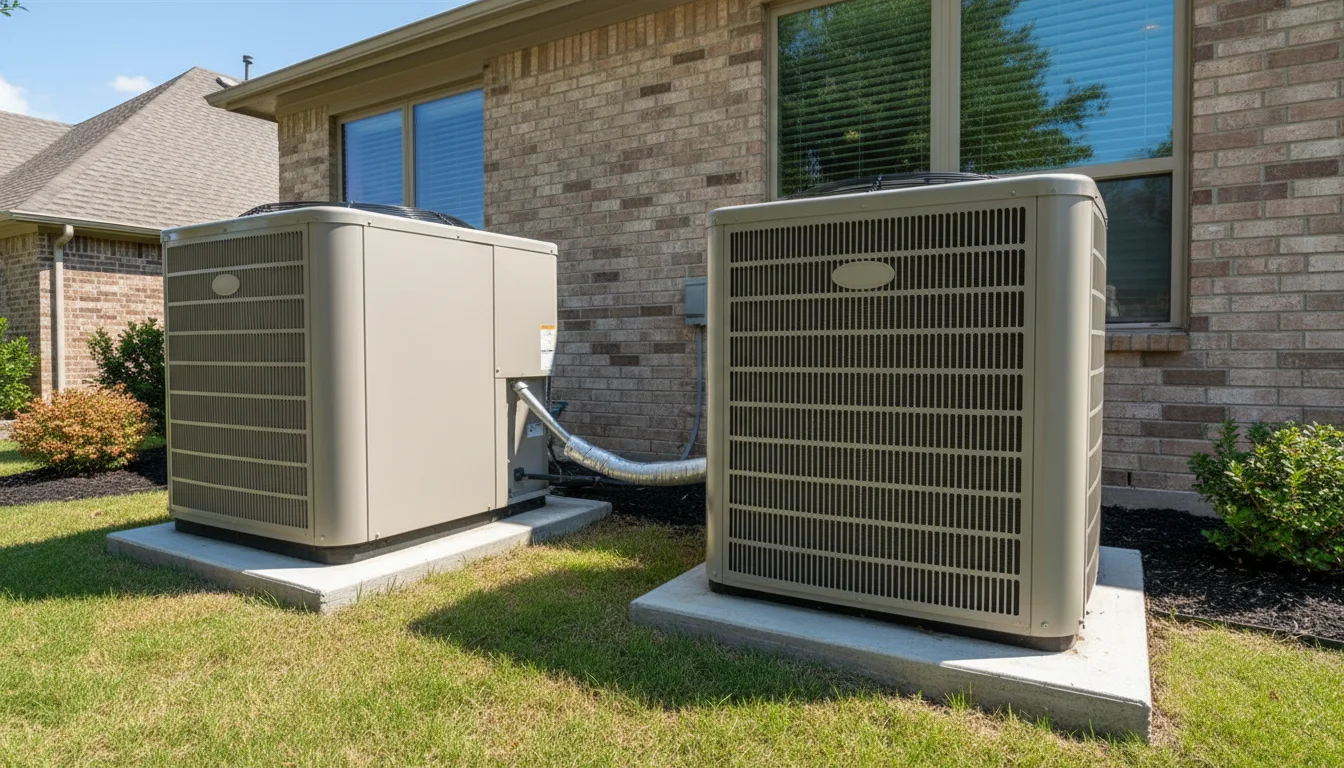 Central AC unit and heat pump side by side at a Houston home for comparison