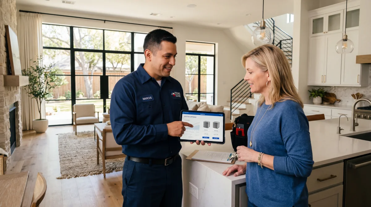 HVAC technician helping Houston homeowner choose the right new HVAC system