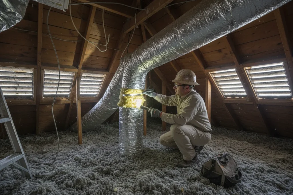 HVAC technician evaluating ductwork condition that affects heating installation costs