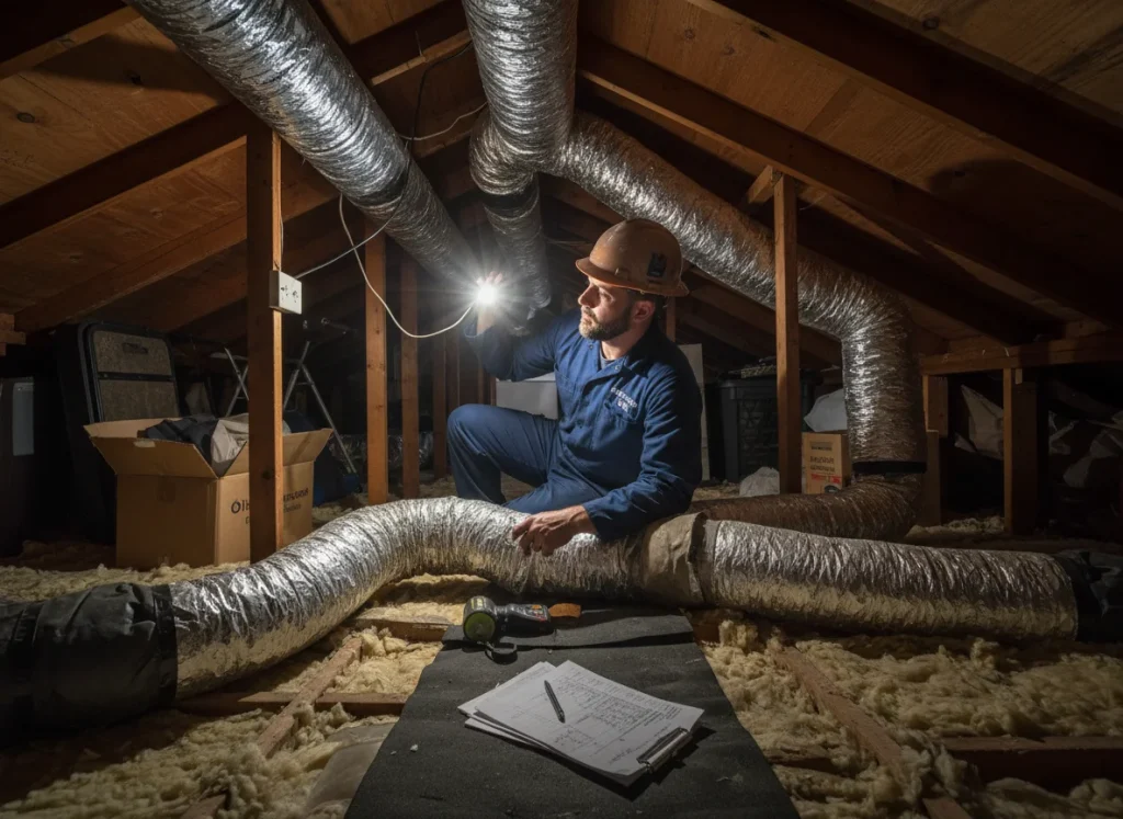 Technician inspecting attic ductwork as part of AC installation assessment