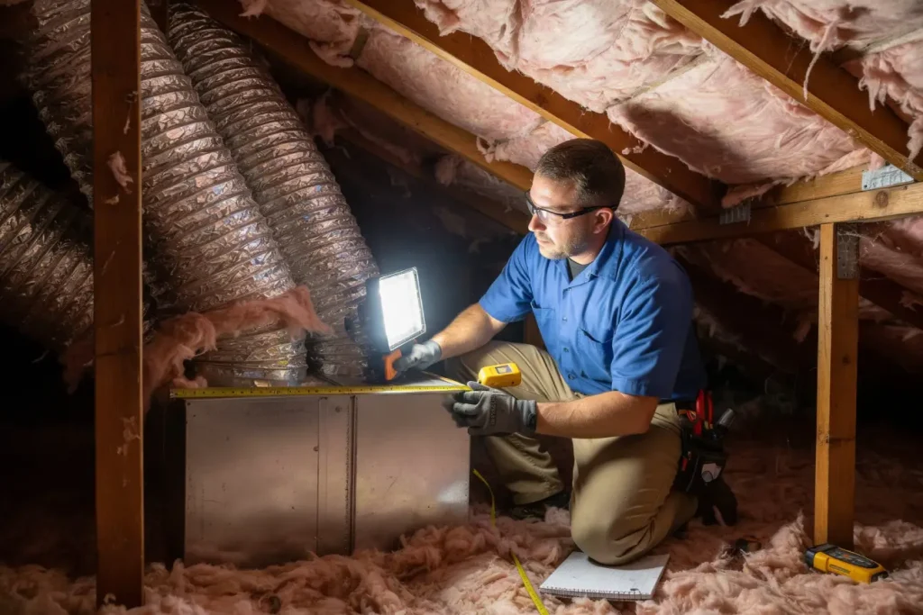 HVAC technician measuring ductwork as part of heating system sizing in a Houston attic