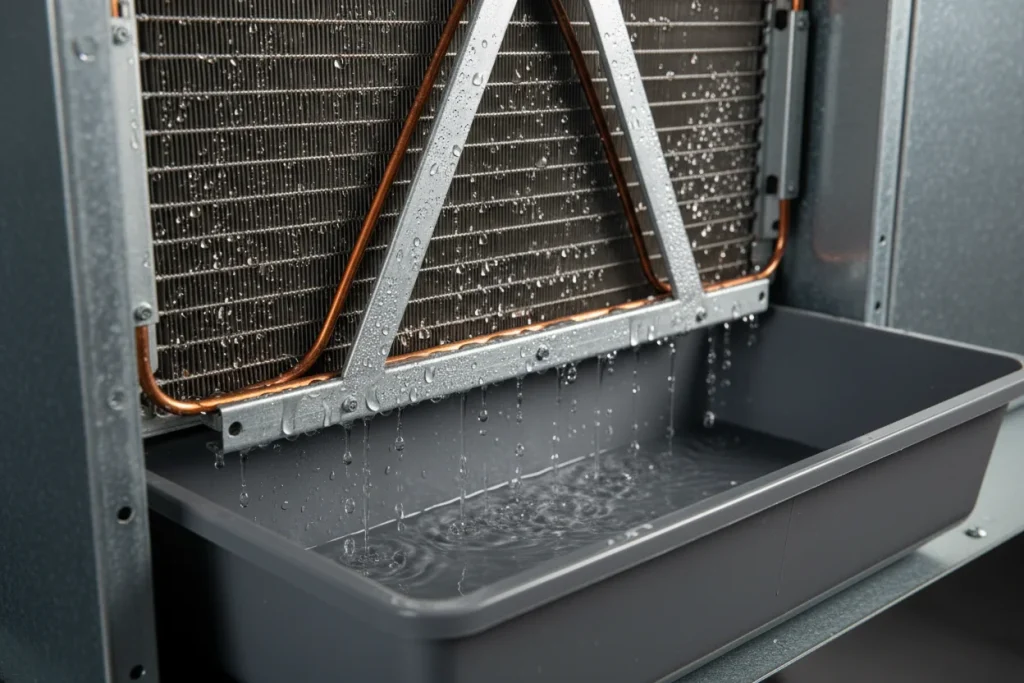 HVAC evaporator coil removing humidity through condensation in a Houston home