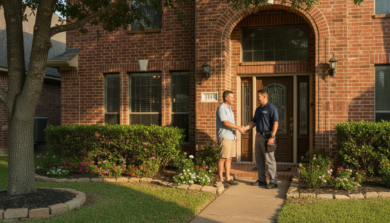 Houston homeowner greeting a professional HVAC contractor for a home consultation