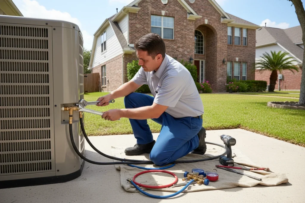 HVAC technician installing heat pump refrigerant lines at a Houston residenceHVAC technician installing heat pump refrigerant lines at a Houston residence