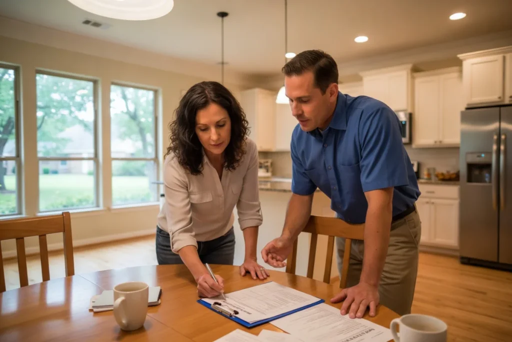Houston homeowner reviewing transparent heating installation estimate with contractor