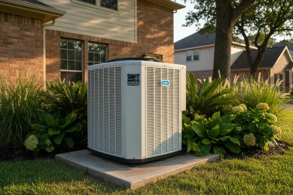 High-efficiency AC condenser unit properly installed at a Houston area home