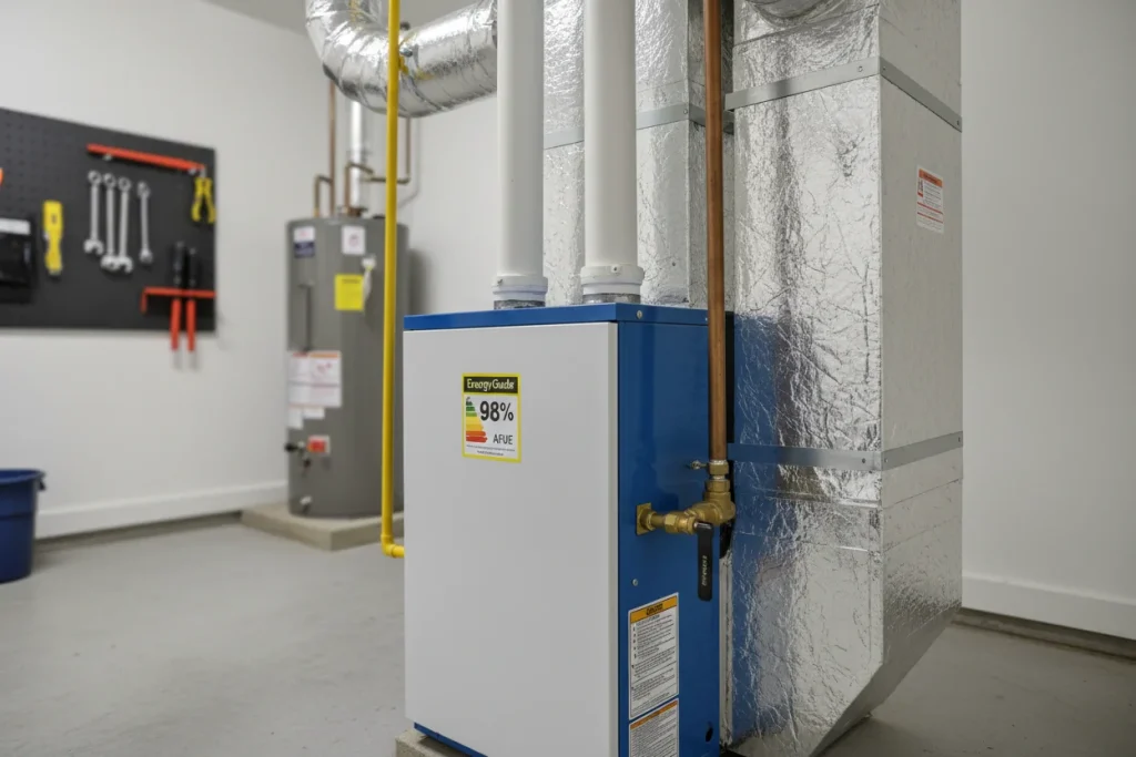 High-efficiency gas furnace installed in a Houston area home utility space