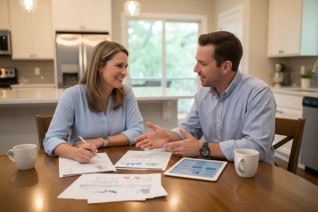 Houston homeowner reviewing HVAC efficiency options with a professional installer