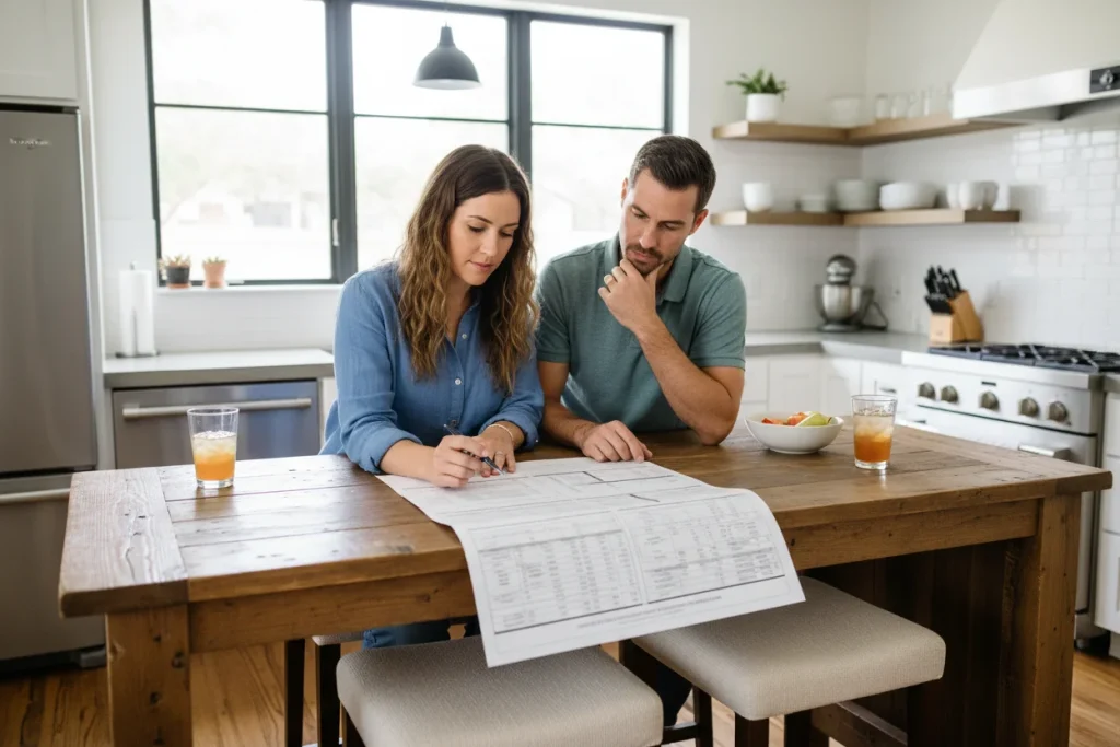 Houston homeowners reviewing a detailed HVAC installation estimate at their kitchen table