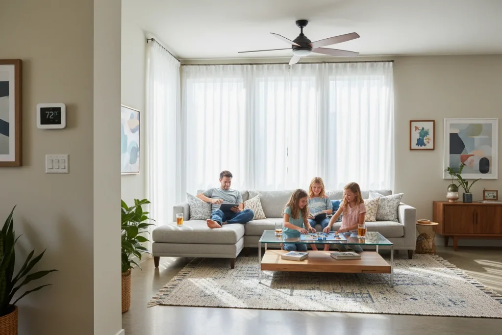 Houston family enjoying cool indoor comfort from an energy-efficient AC system during summer