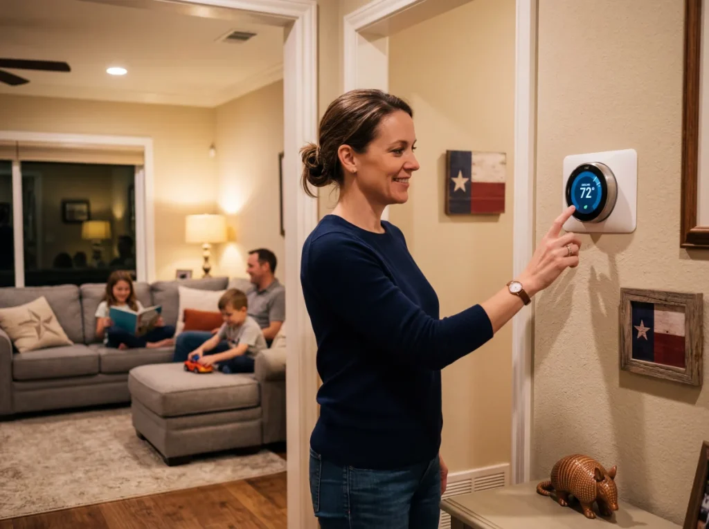 Houston homeowner adjusting thermostat on new HVAC system for whole-home comfort