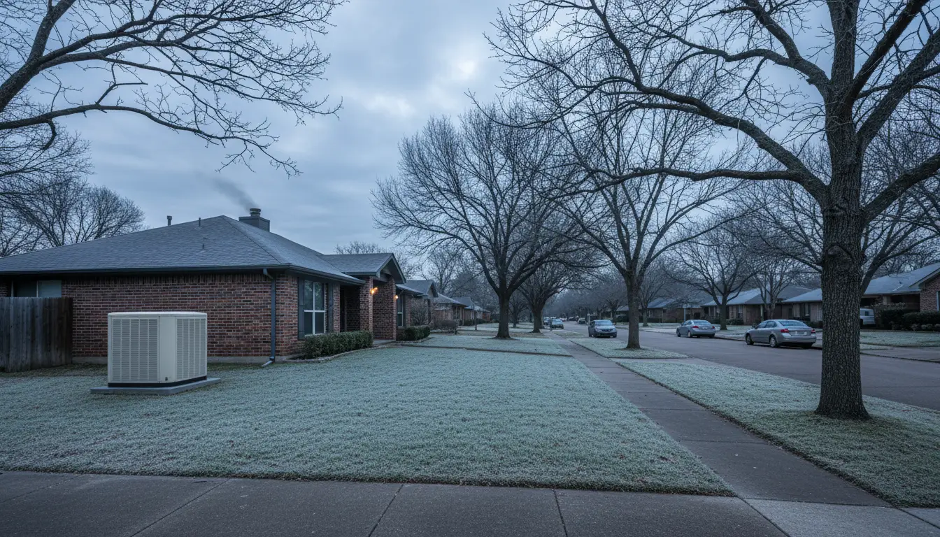 Houston neighborhood on a mild winter morning with residential HVAC heat pump visible
