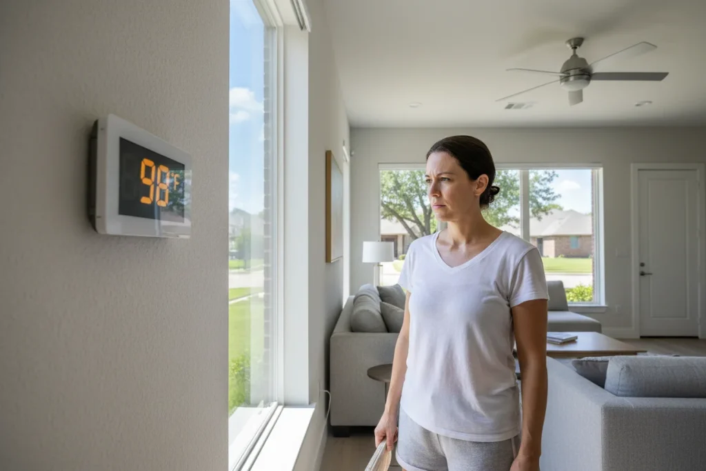 Houston homeowner checking thermostat during summer heat when AC demand peaks