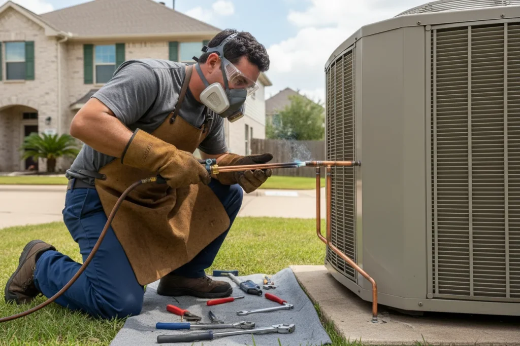 Technician brazing refrigerant lines during Houston HVAC installation