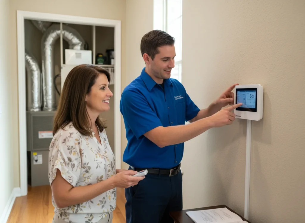 Technician walking Houston homeowner through new HVAC thermostat after installation