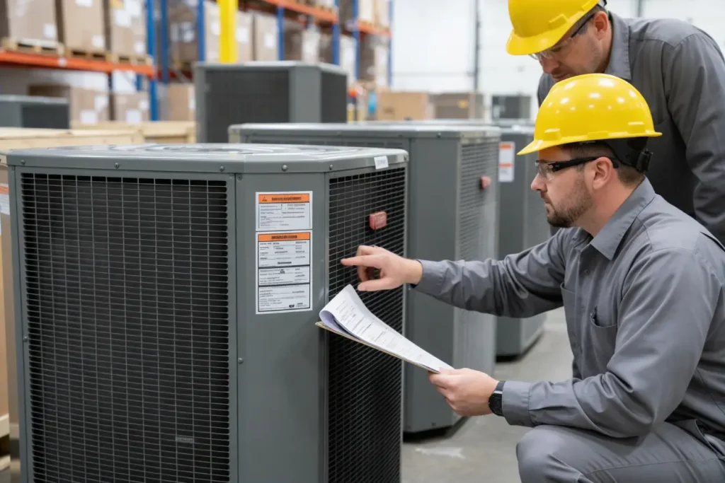 HVAC professional evaluating AC equipment specifications for Houston home installation