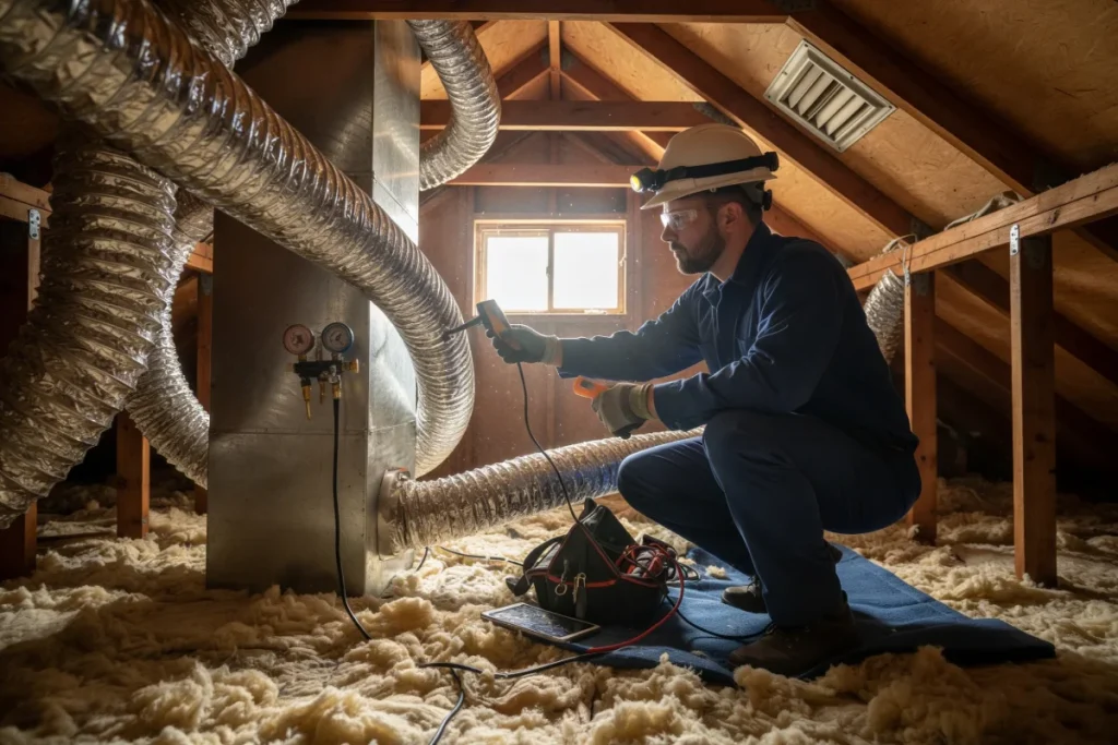 HVAC technician performing thorough ductwork inspection during a Houston home evaluation