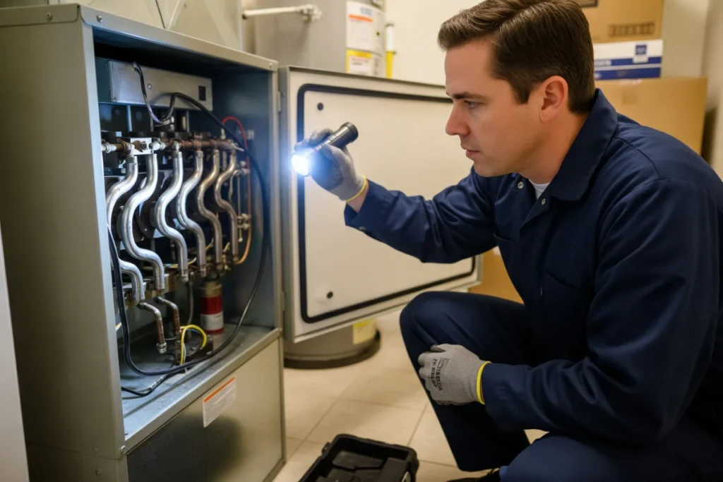 HVAC technician inspecting a residential heating system during a professional evaluation