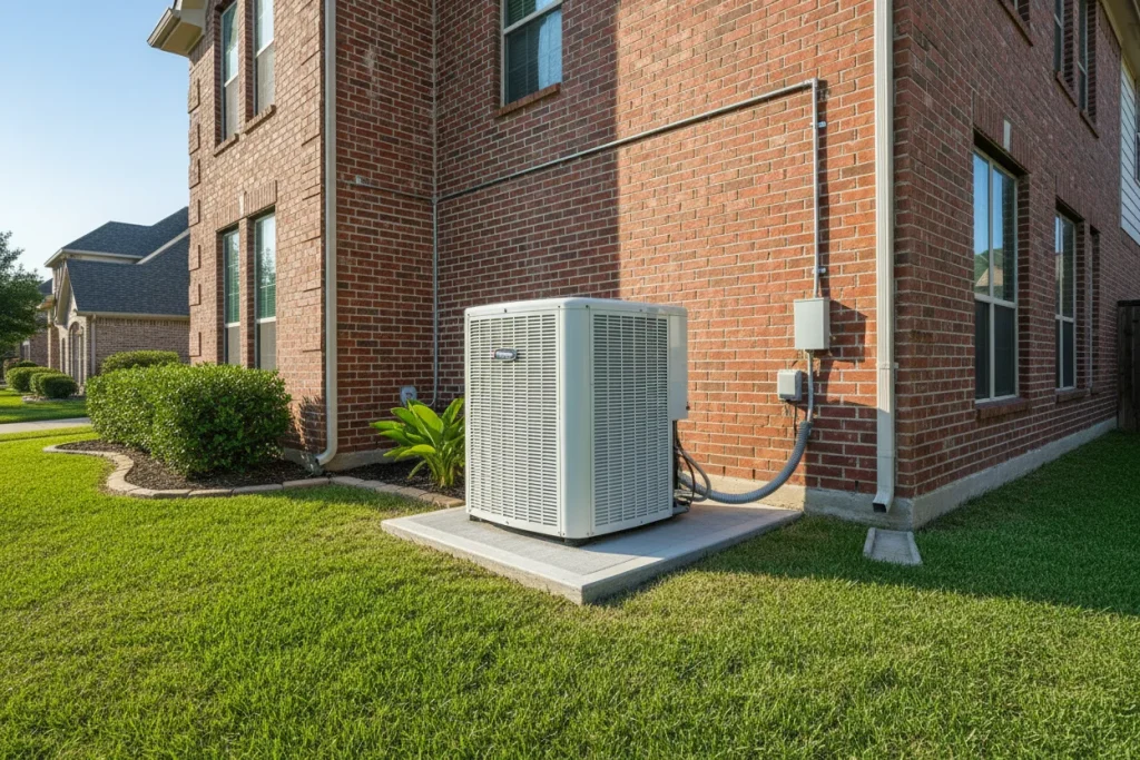 Quality AC brand condenser properly installed at a Houston area home