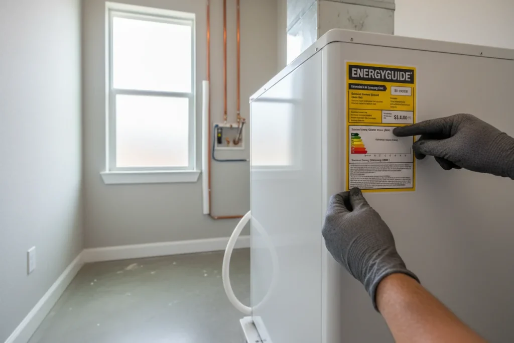 EnergyGuide label showing SEER2 efficiency rating on a new HVAC unit