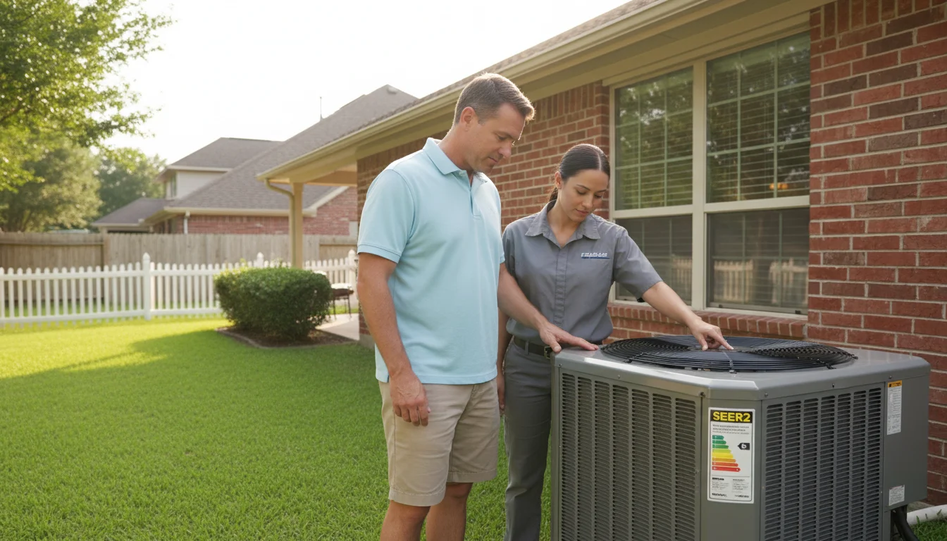 Houston homeowner learning about SEER2 efficiency ratings on a new AC installation with a professional technician