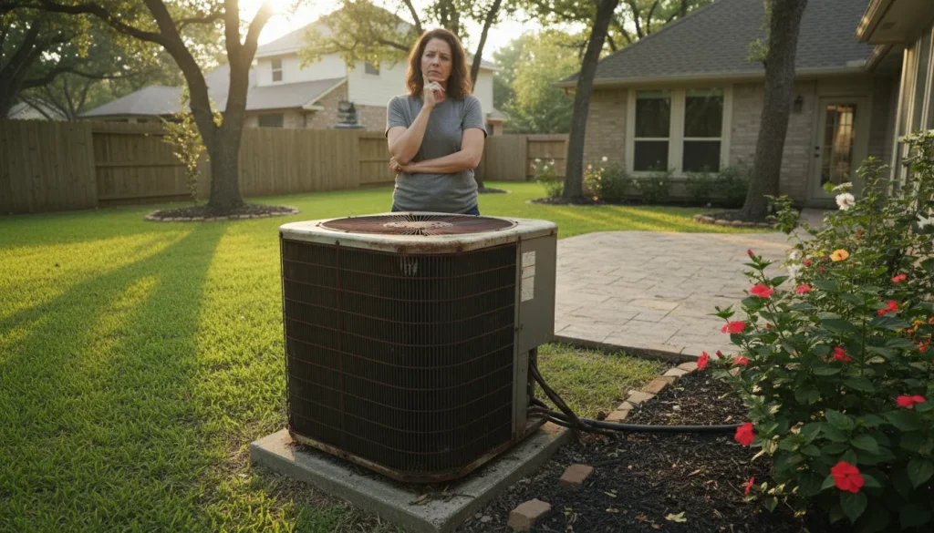 Houston homeowner evaluating aging HVAC system that may need replacement