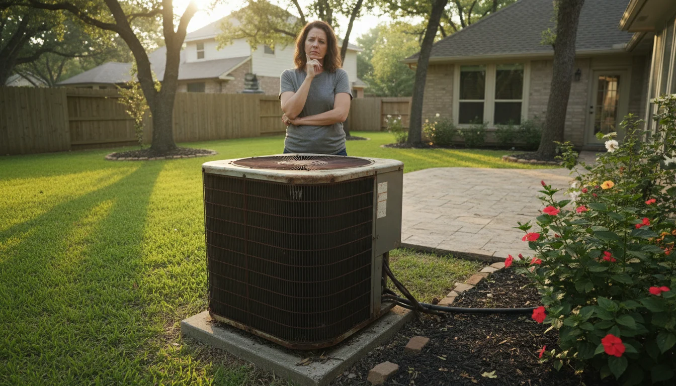 Houston homeowner evaluating aging HVAC system that may need replacement