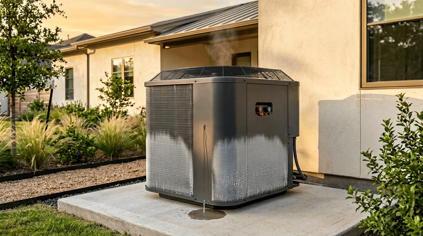 Modern outdoor heat pump beside Houston home in late afternoon showing