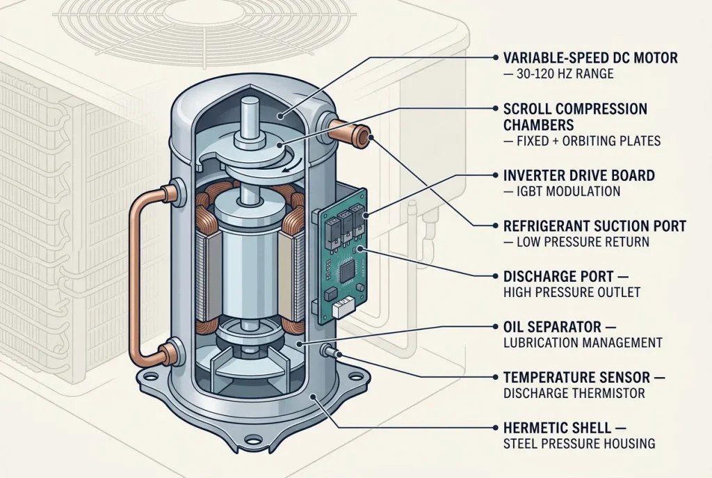 Technical cutaway of inverter-driven compressor inside heat pump showing 2026 heating technology components
