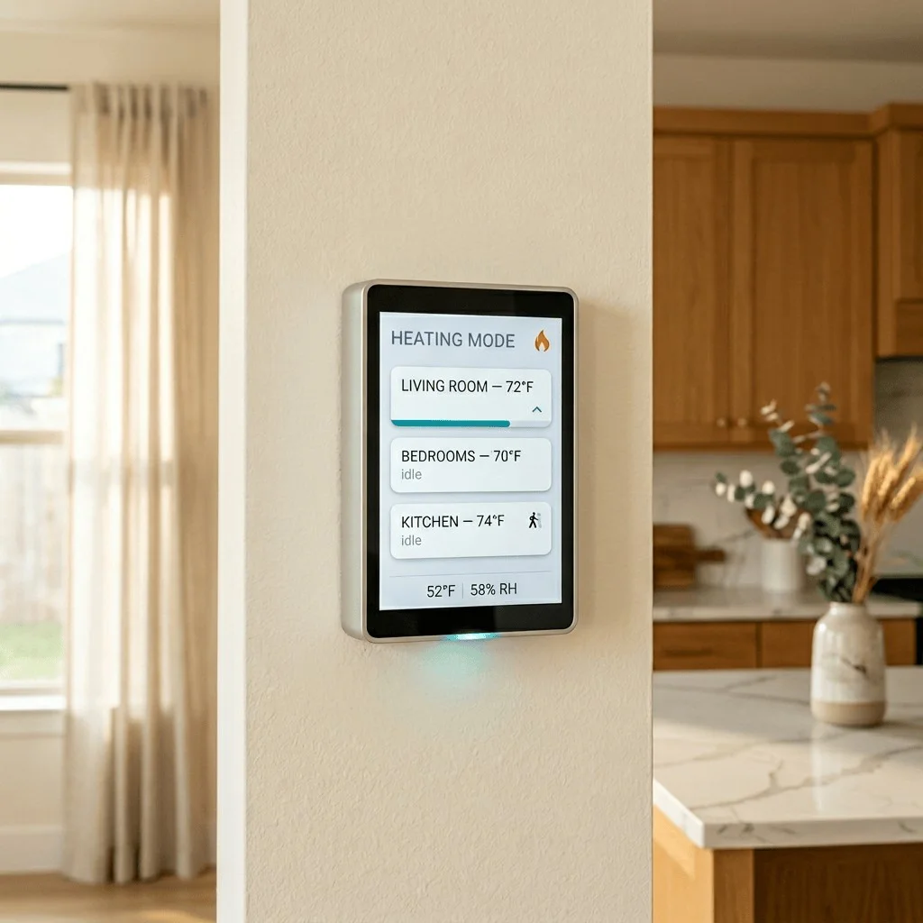Smart thermostat displaying multi-zone heating dashboard in modern Houston kitchen with morning light 
