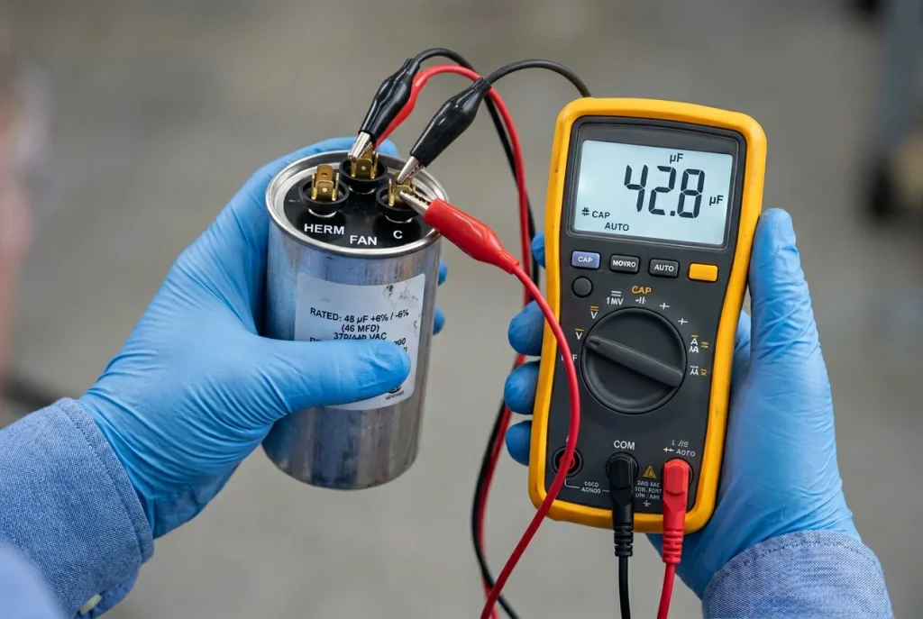 Technician testing AC capacitor microfarads with multimeter during pre-summer Houston HVAC checkup