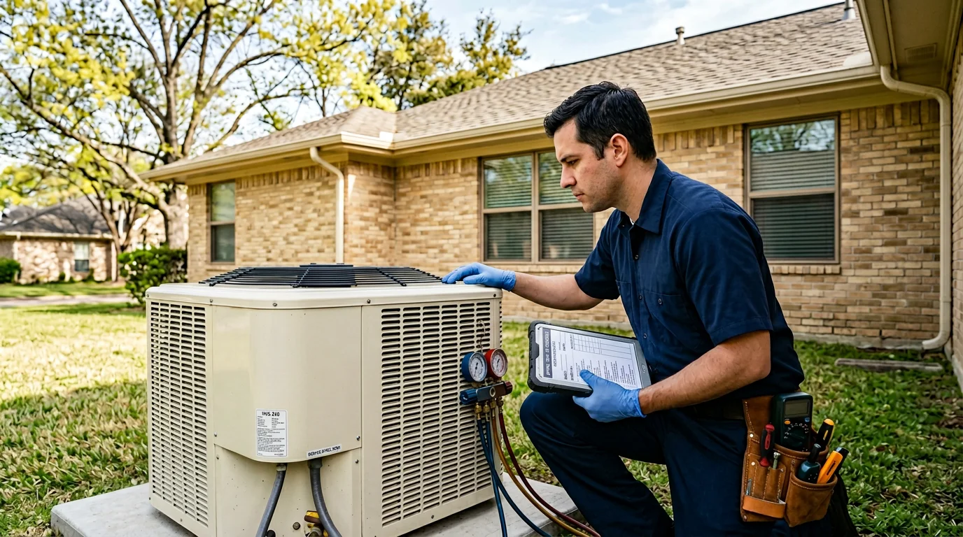 Technician in navy uniform servicing Houston residential outdoor AC condenser during pre-summer spring checkup