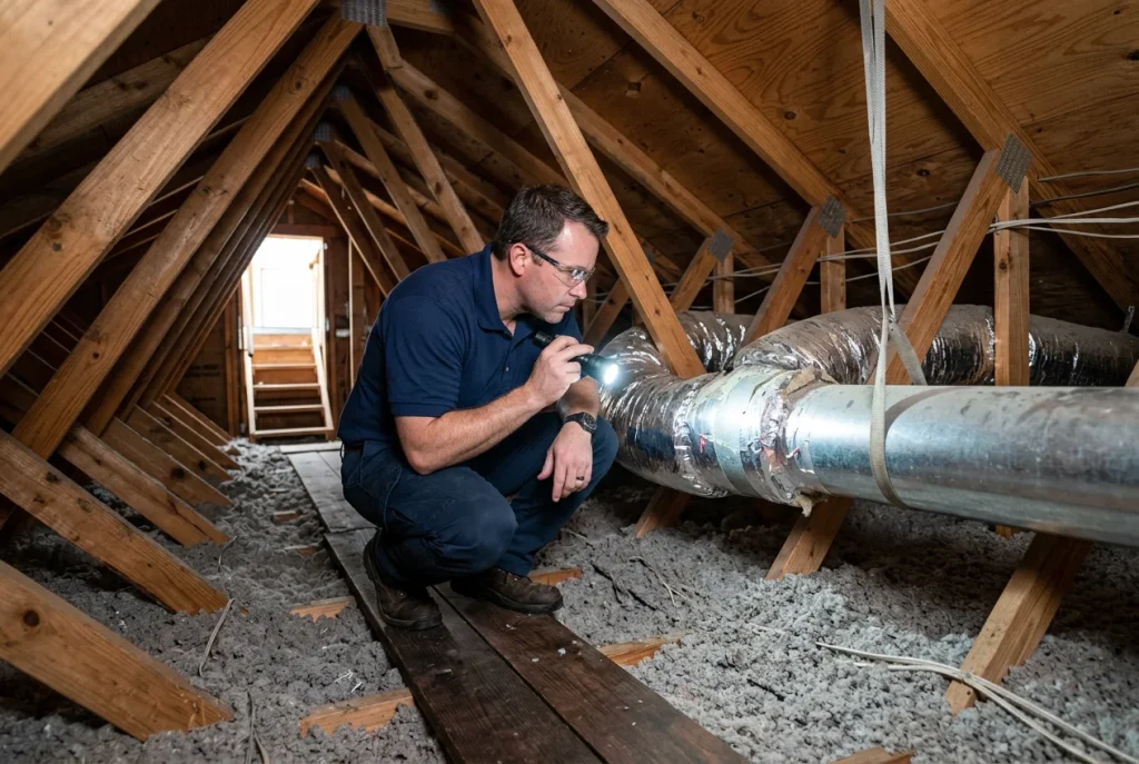 HVAC technician inspecting residential ductwork in a Houston home attic during off-season heating system evaluation