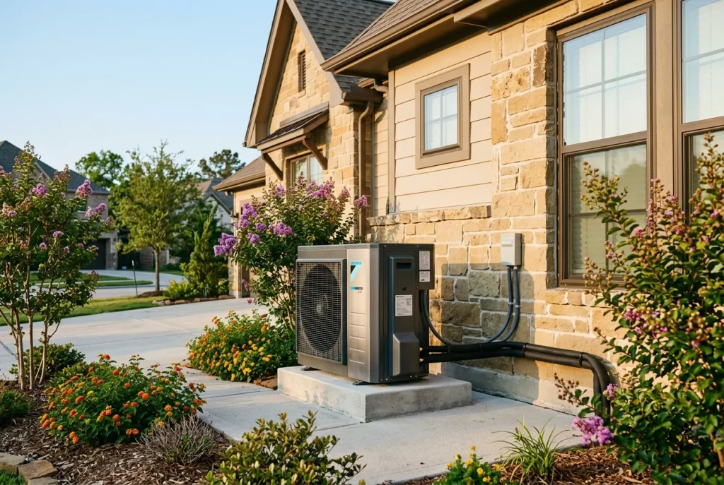Modern residential heat pump outdoor unit installed at a Houston home providing both heating and cooling capability