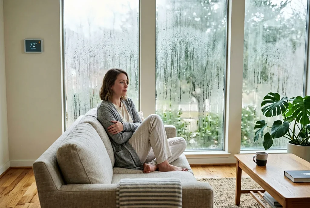 Houston living room at 72 degrees with window condensation and person in light sweater showing clammy oversized AC effect