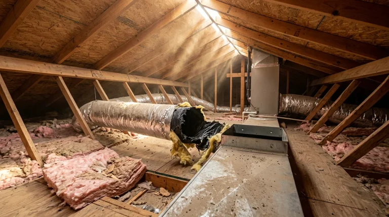 Houston attic with disconnected flex duct from trunk line showing hidden ductwork problems wrecking HVAC