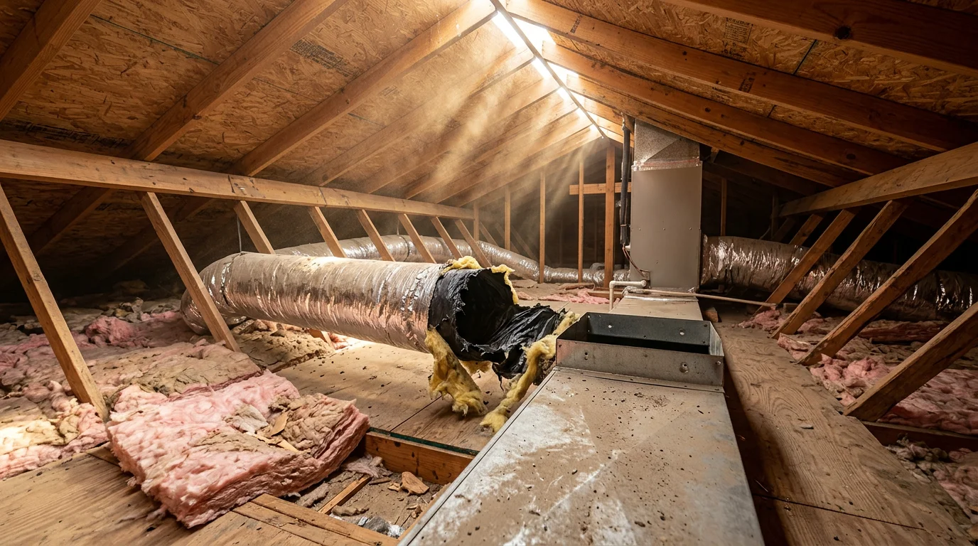 Houston attic with disconnected flex duct from trunk line showing hidden ductwork problems wrecking HVAC
