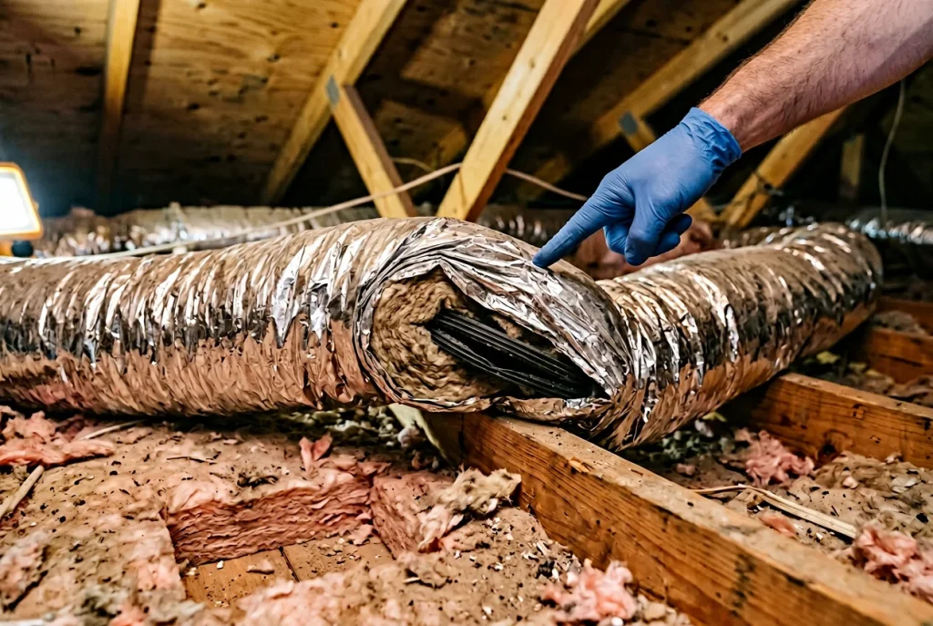 Crushed flex duct with compressed insulation in Houston attic showing ductwork problem restricting HVAC airflow