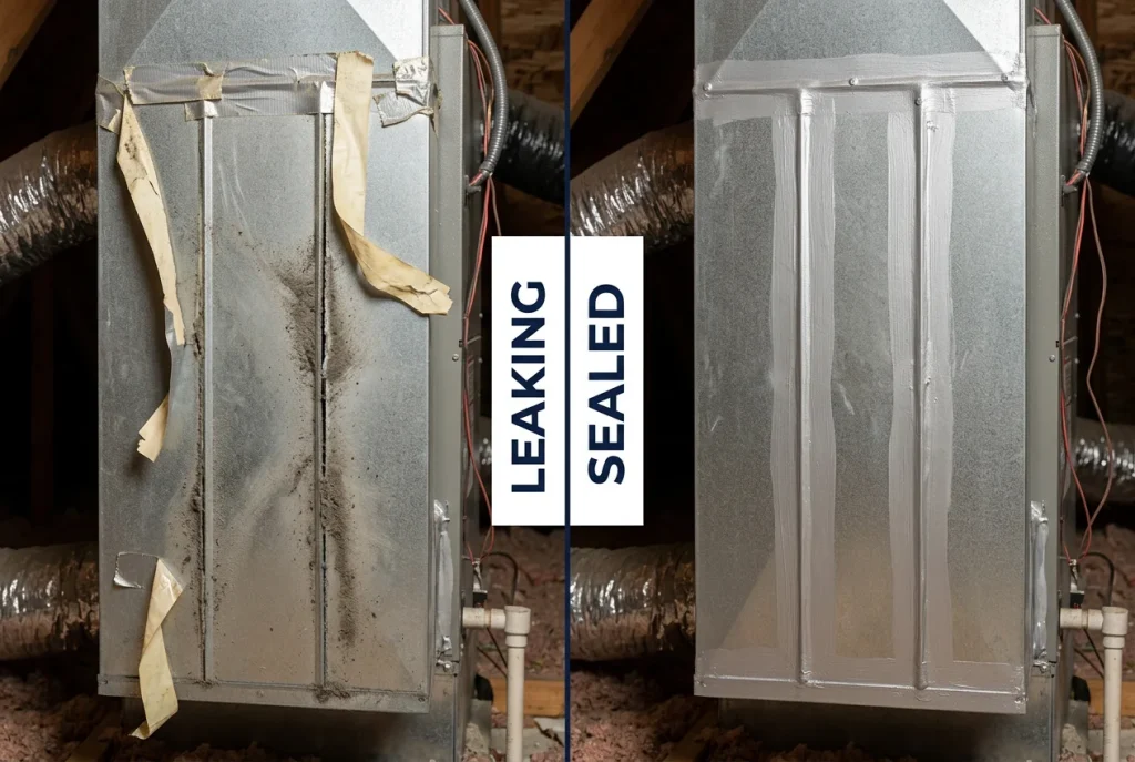 Side-by-side leaky return plenum with peeling duct tape versus professionally sealed plenum using silver mastic