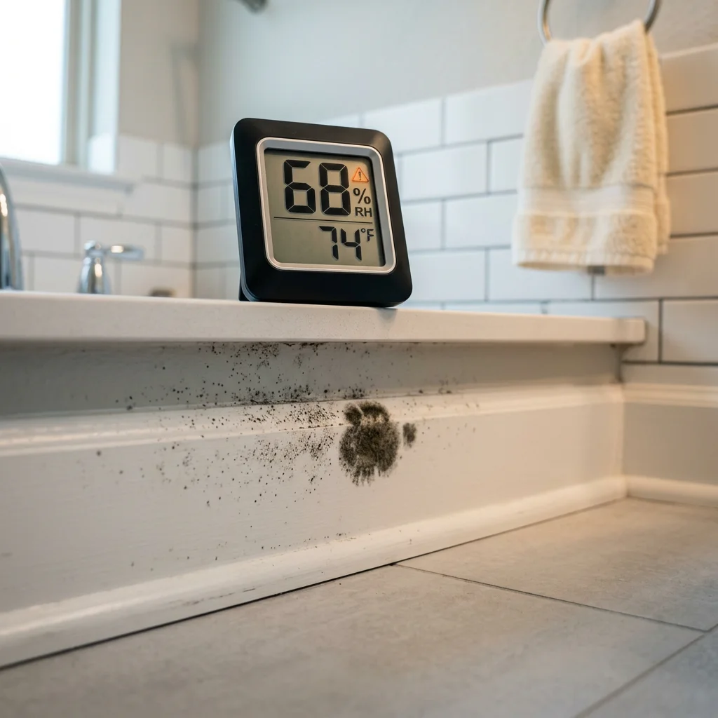 Bathroom corner showing early black mold on baseboard with digital hygrometer reading 68 percent humidity