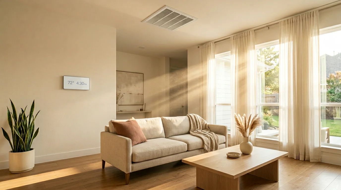 Bright Houston living room with smart thermostat and ceiling return grille showing indoor air quality from HVAC