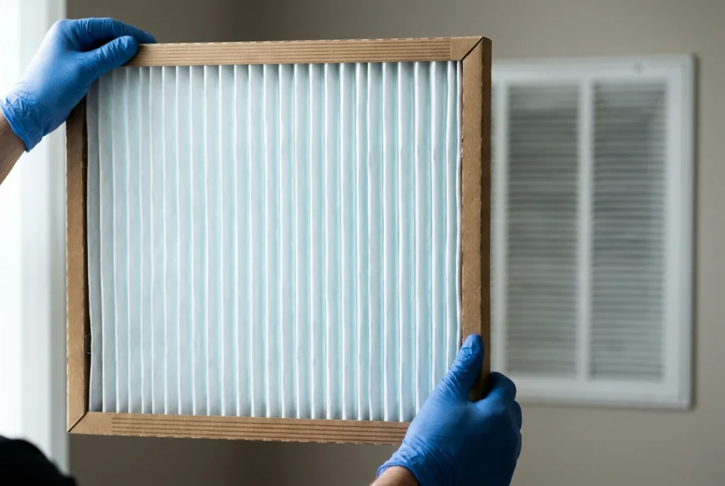 Pleated MERV-13 air filter held in gloved hands beside clean white HVAC return grille in Houston home
