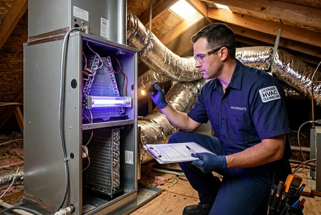 VeriChill technician in navy uniform inspecting air handler and UV purifier lamp in Houston attic HVAC system